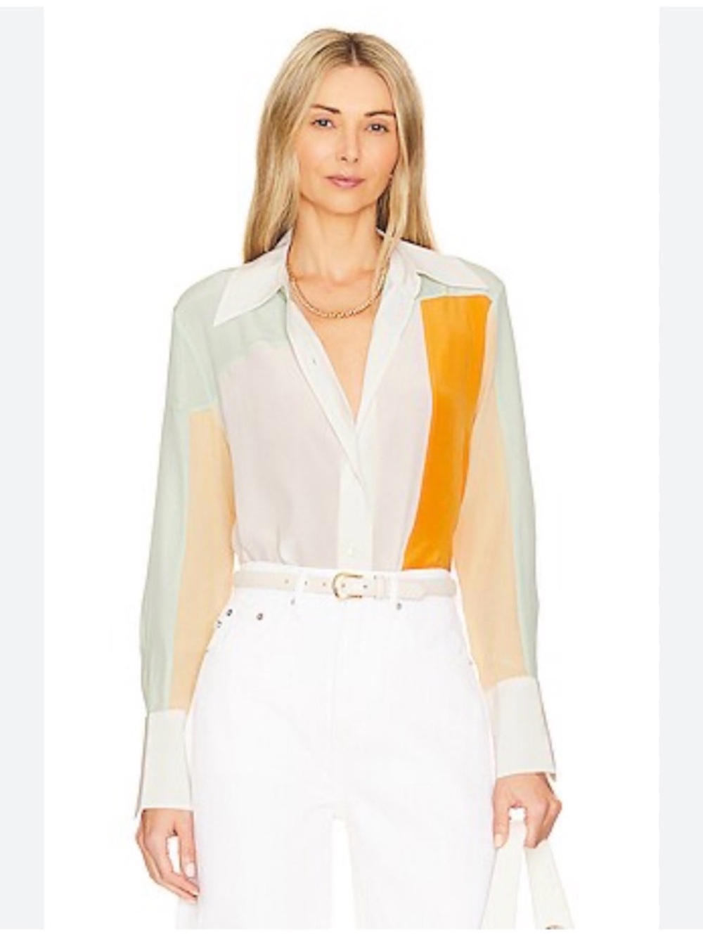 Equipment Colorblock Silk Button-Down Shirt in White, Mint & Mustard